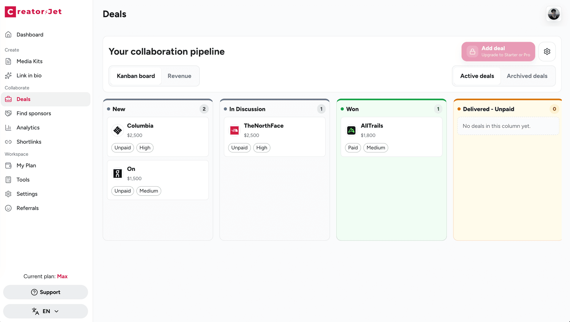 CreatorsJet brand deals board showing collaboration stages, deal values, and payment statuses