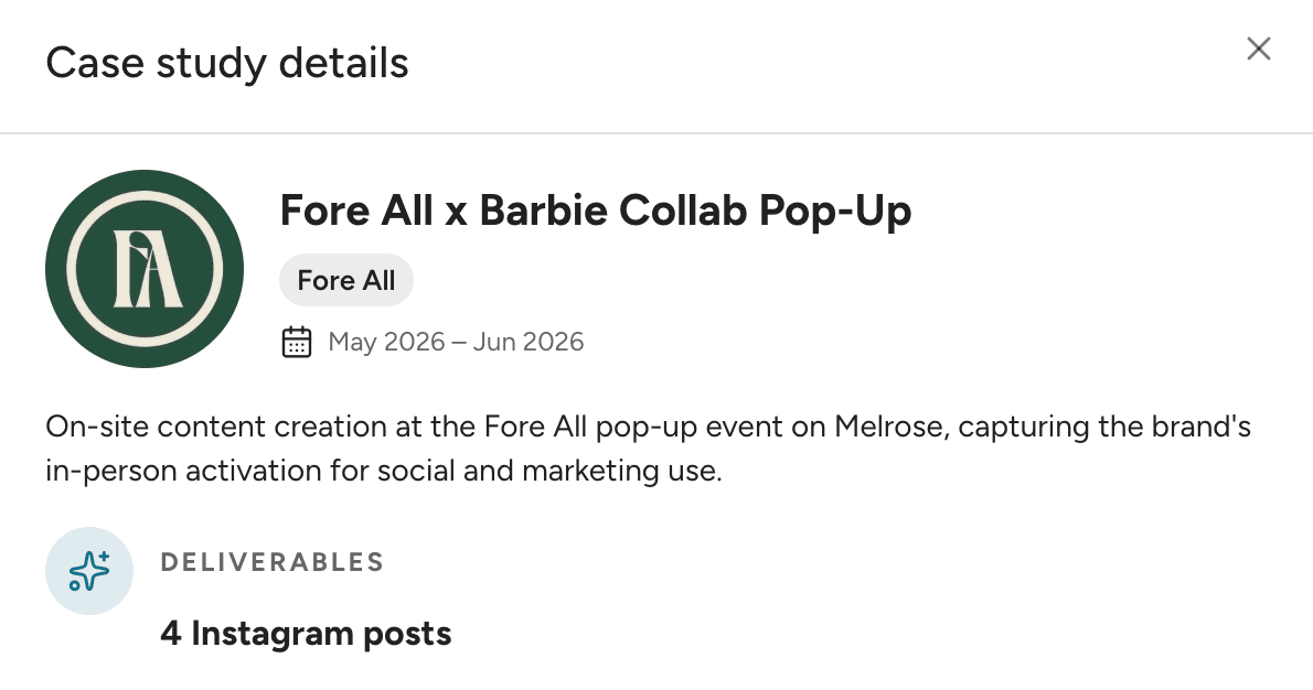 Case-study excerpt describing an event-content project and listing four Instagram posts as deliverables.