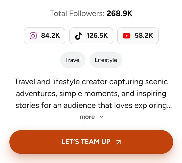 Profile card with total followers, follower counts per platform, niche tags, a short bio and a Let’s team up contact button.