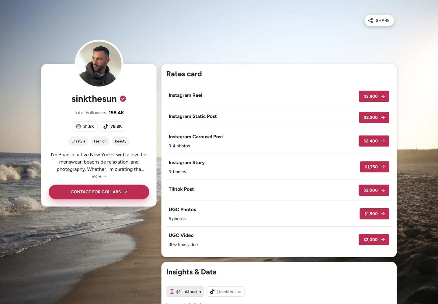 Influencer rate card template example from sinkthesun