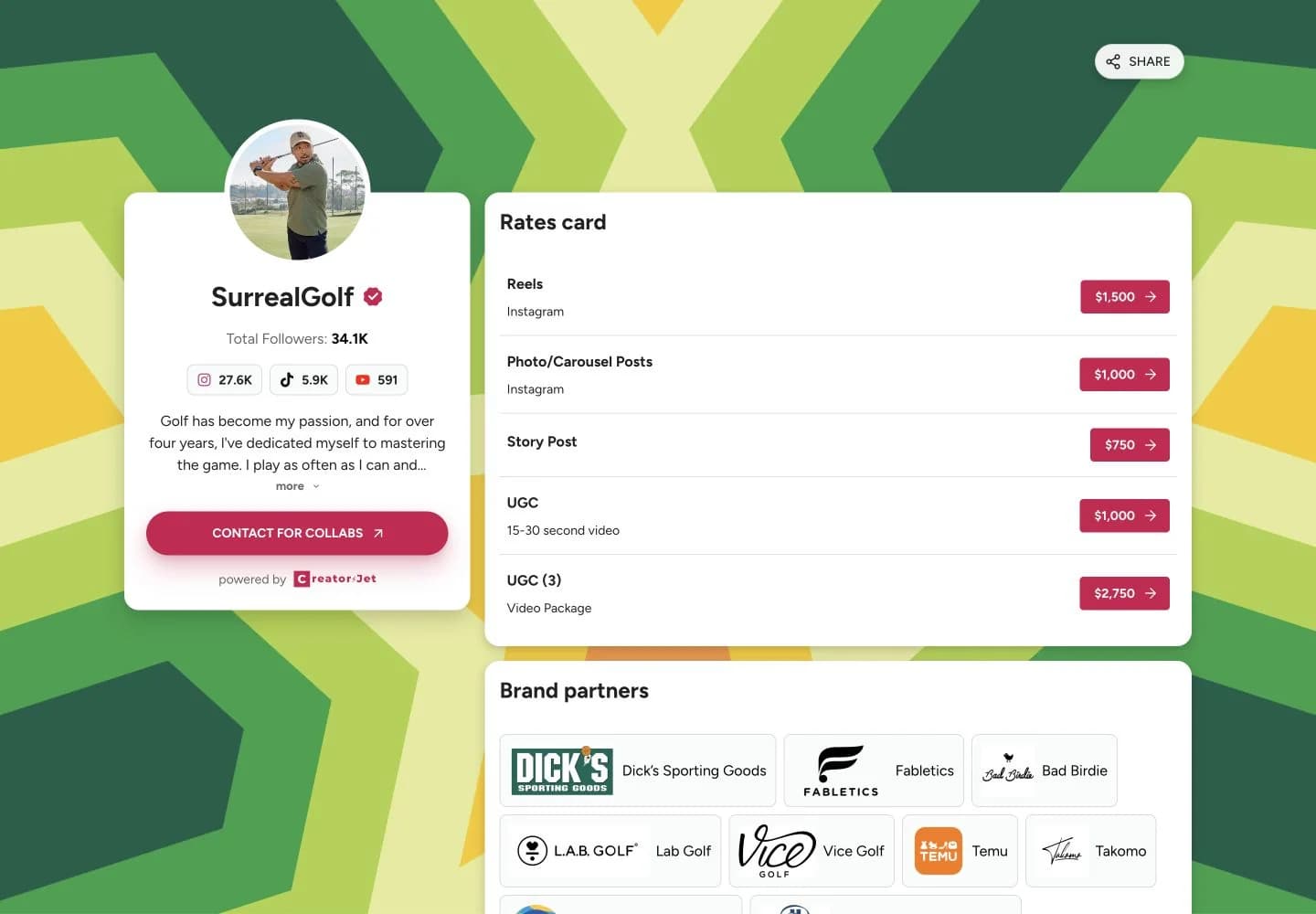 Influencer rate card template example from SurrealGolf