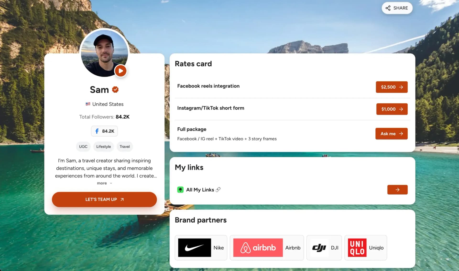 Sam's Facebook media kit with rate card, links, and brand partners