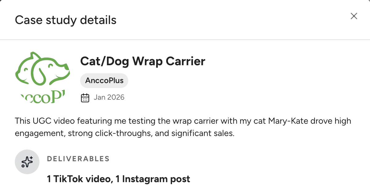 Mallory’s AnccoPlus UGC case study describing a cat carrier demonstration and its TikTok and Instagram deliverables.
