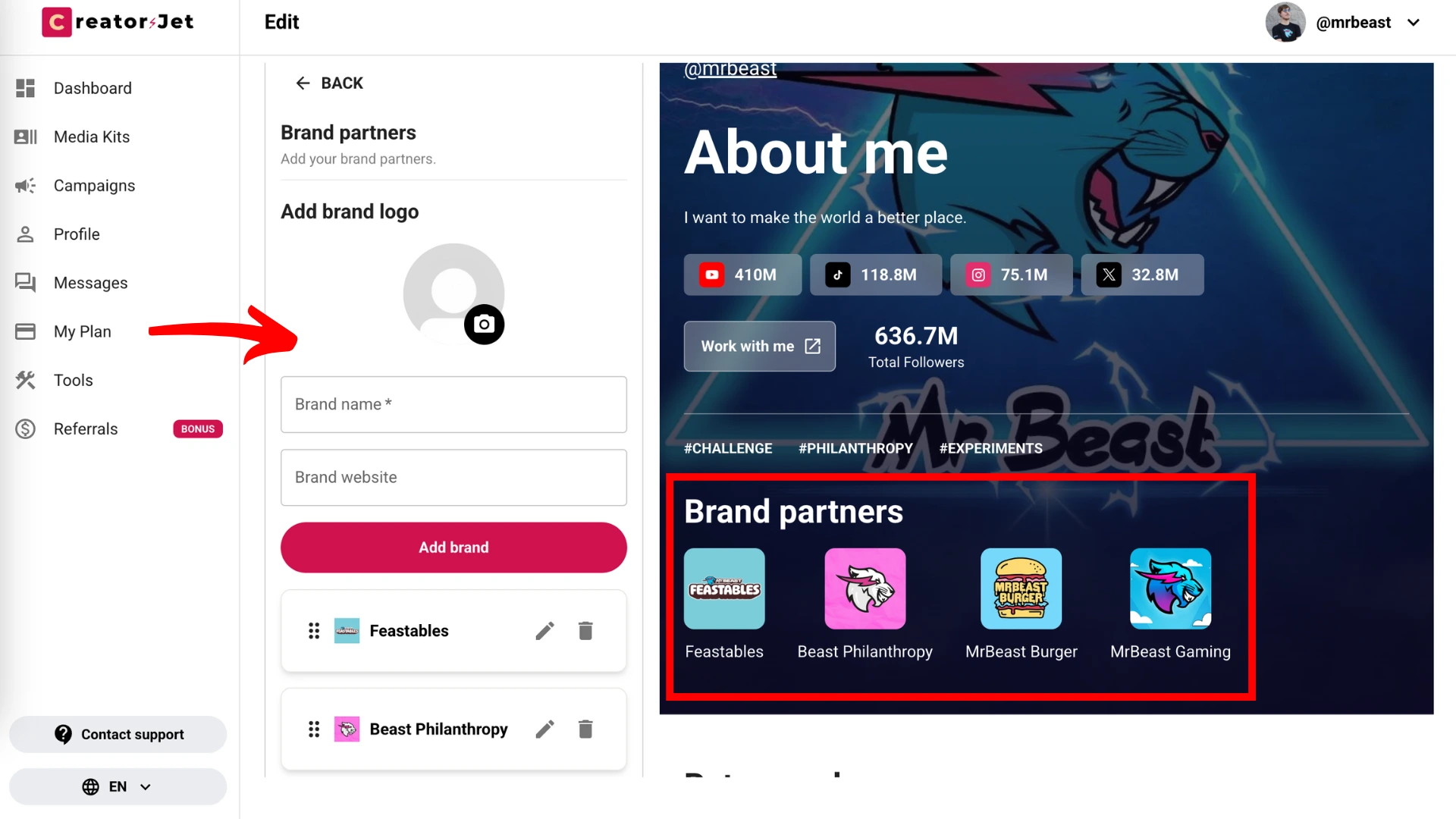 Brand Partners section with logos, names, and website inputs
