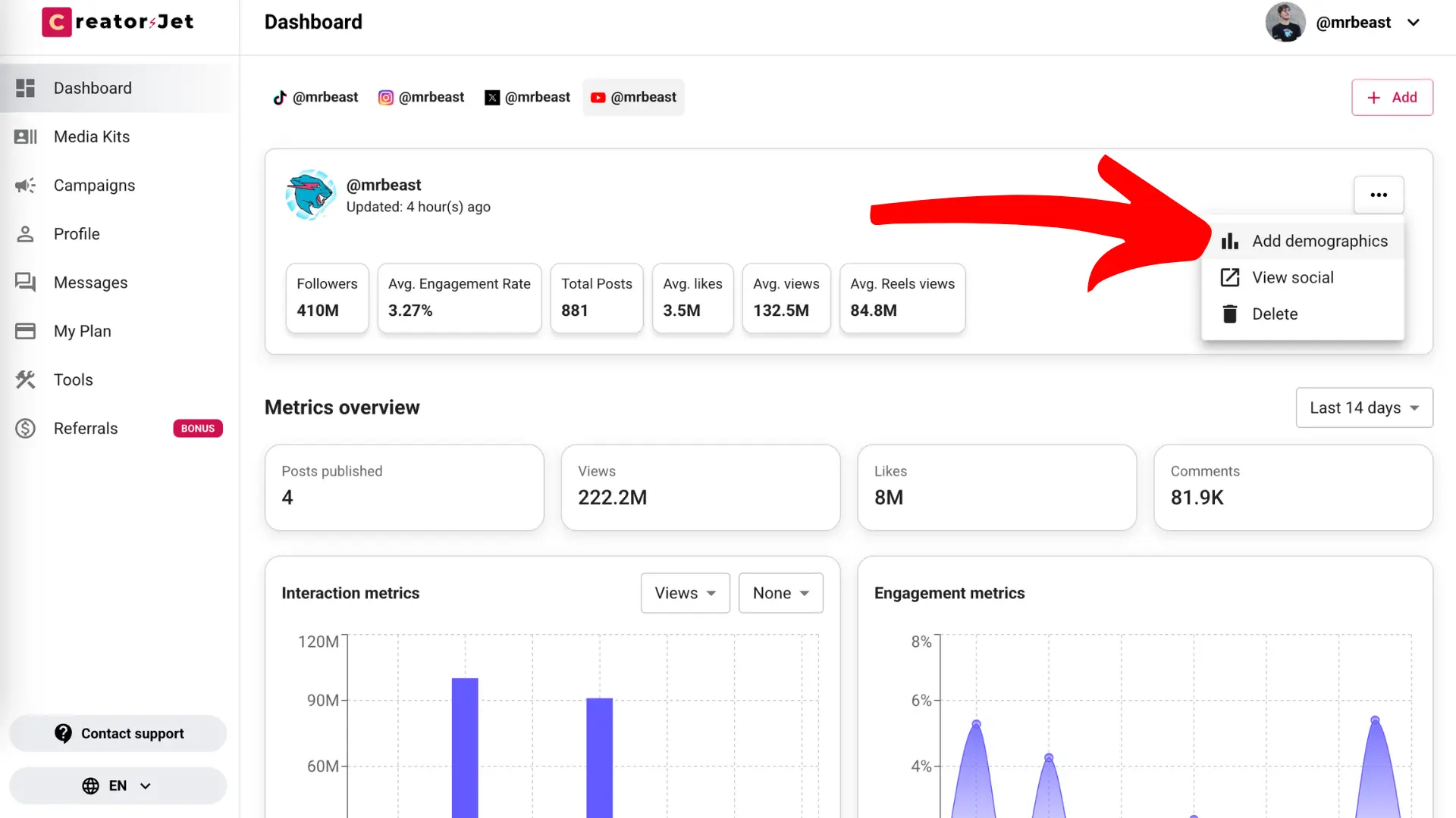 Editing audience demographics such as age, gender, and location for connected social accounts