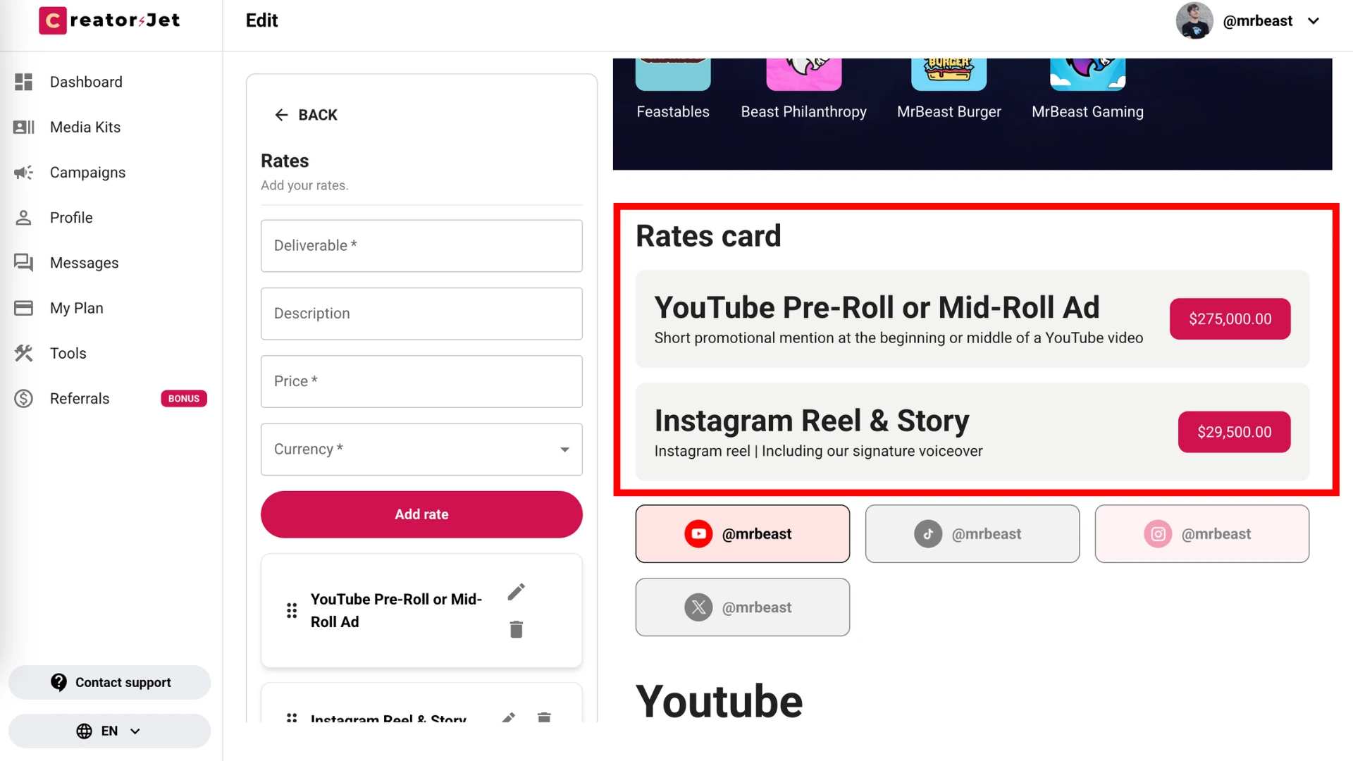 Rates card section showing deliverables, descriptions, and rates fields