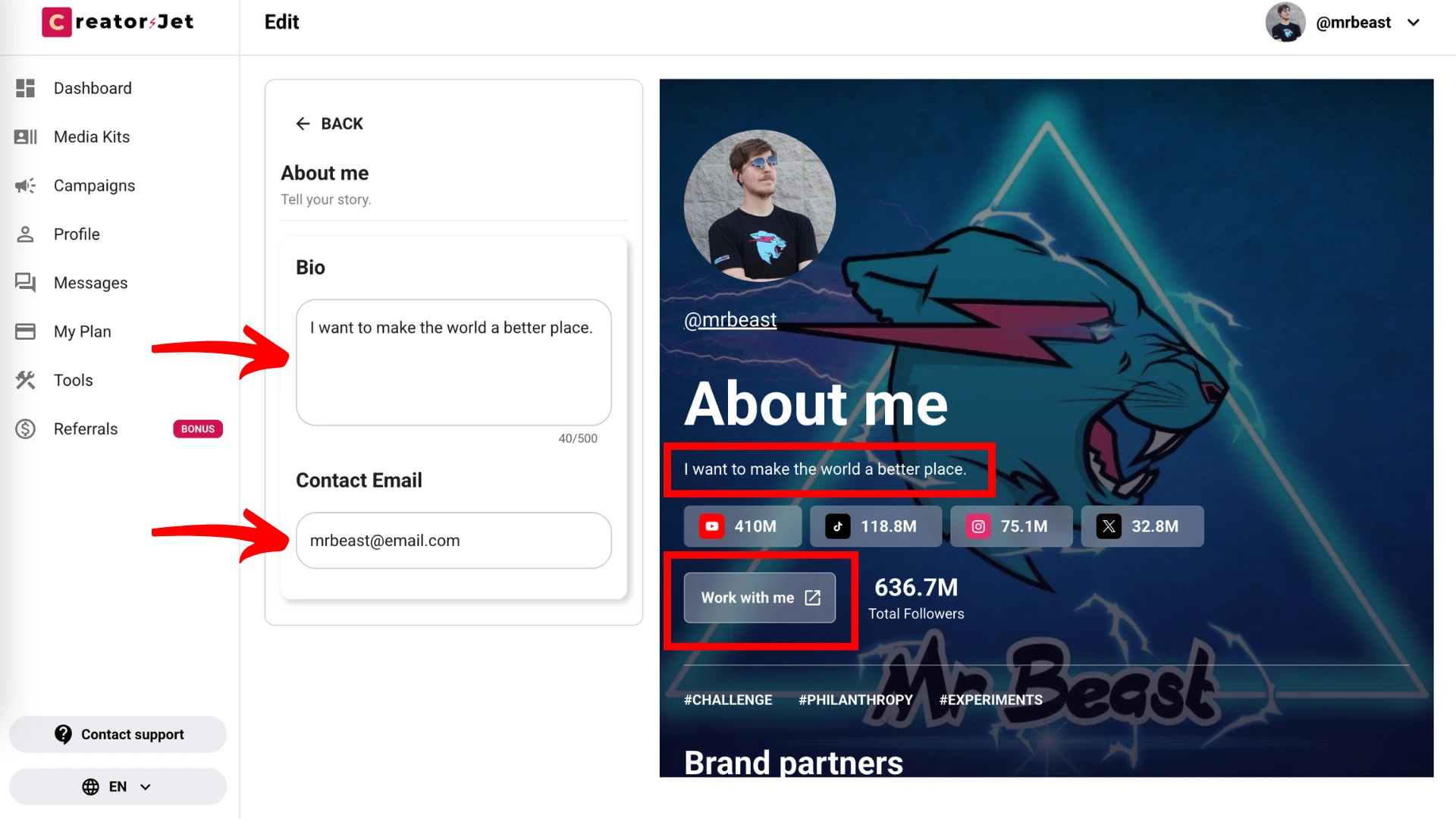 About Me section with bio and contact email input fields