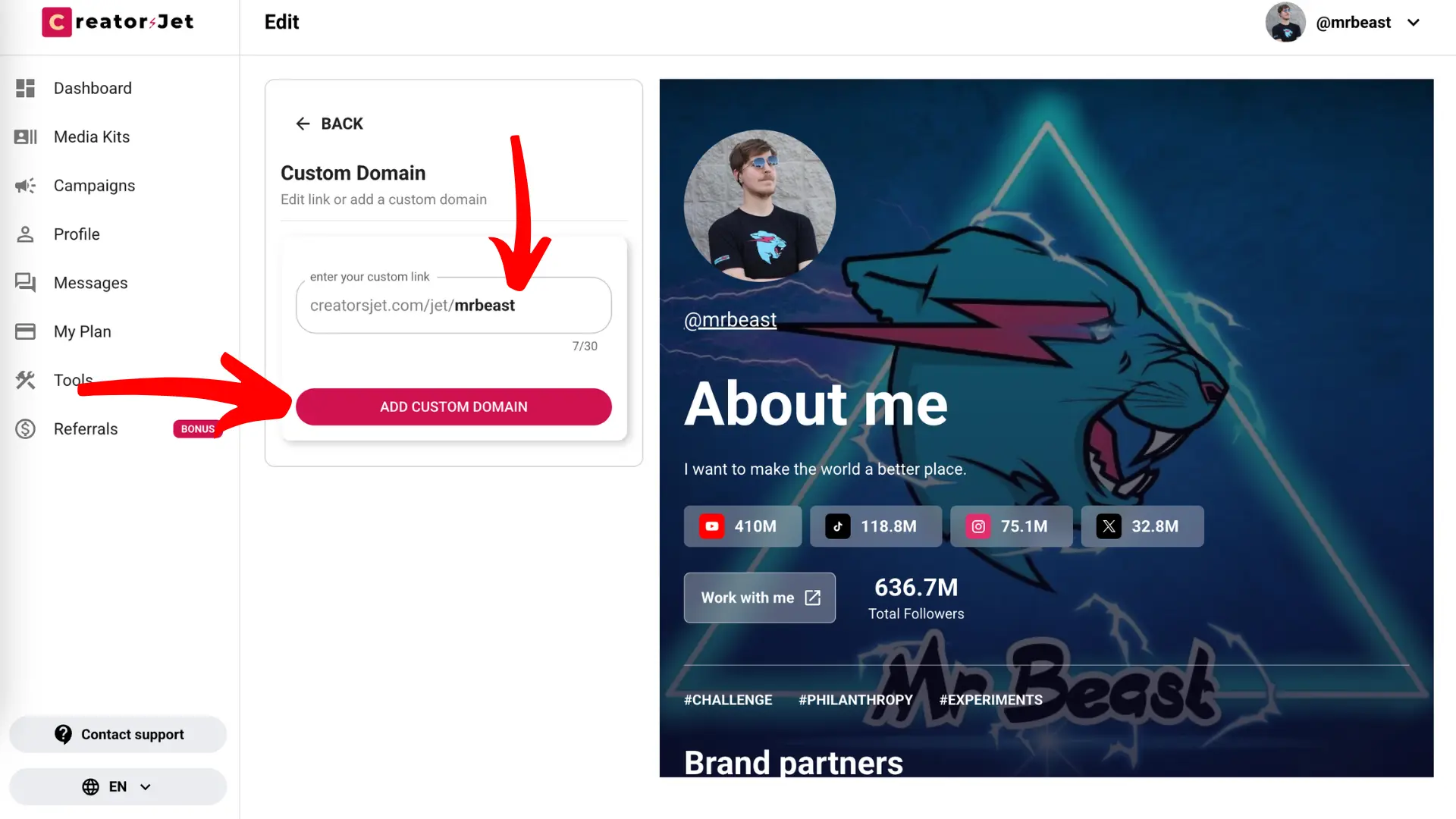 Custom Domain section to enter a simple and memorable link slug