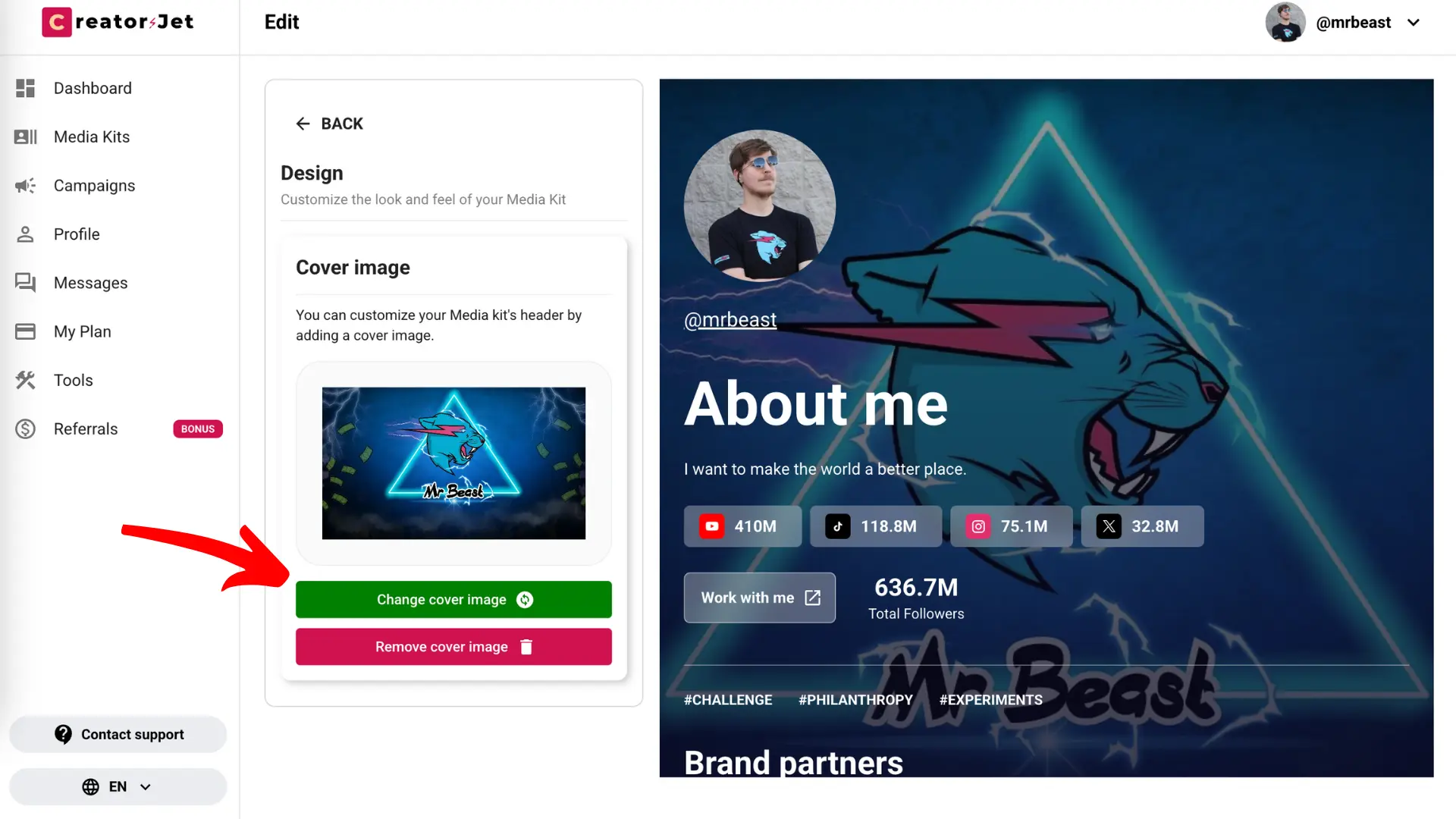 Design section with options to change or remove cover image