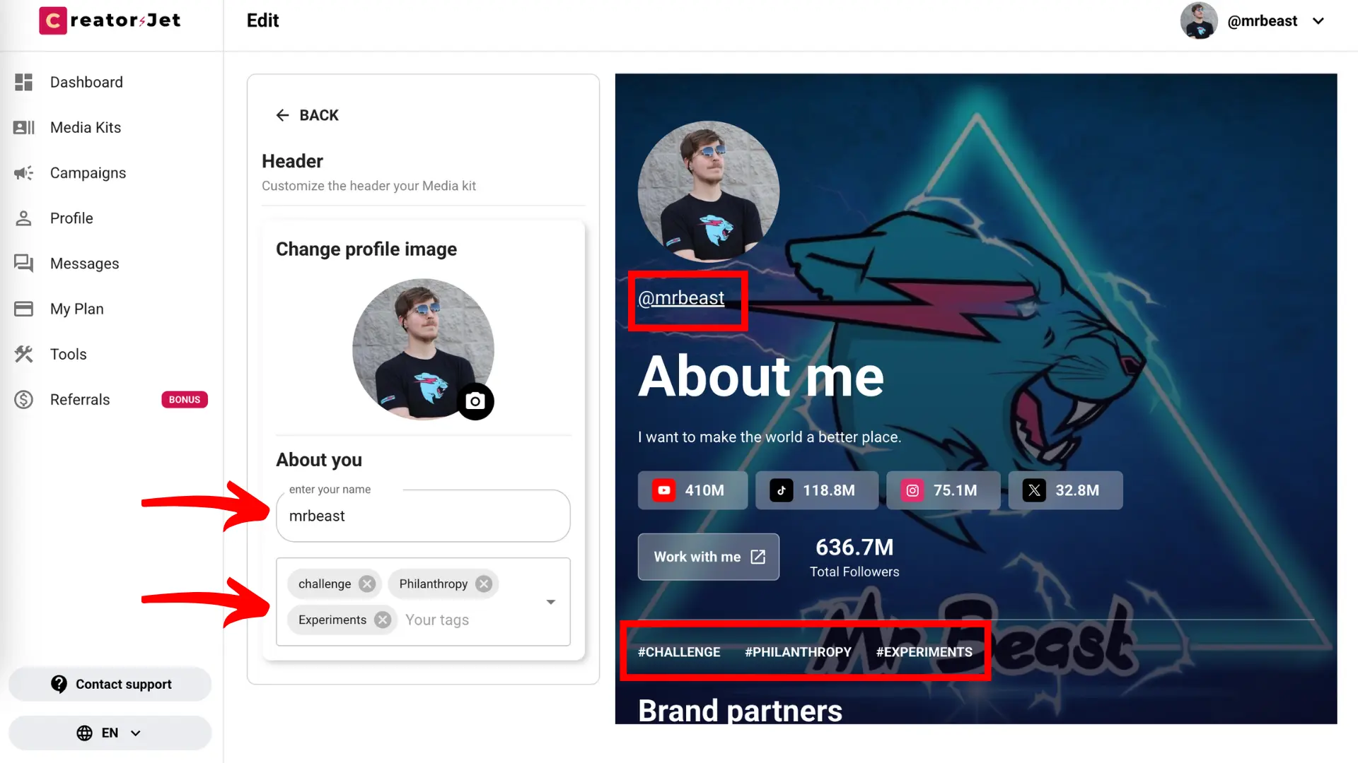 Header section with profile picture, media kit name, and tags fields