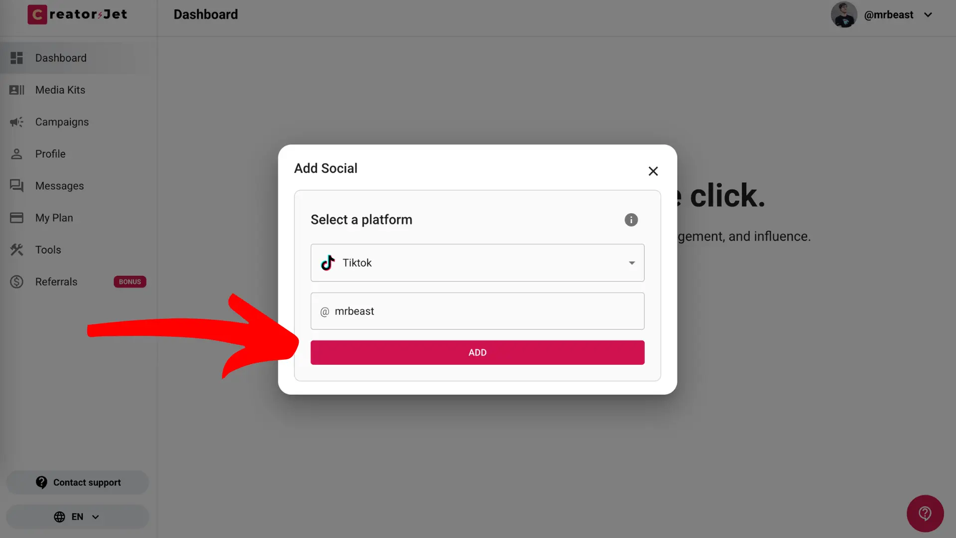 Form where you enter your social media handles to connect accounts