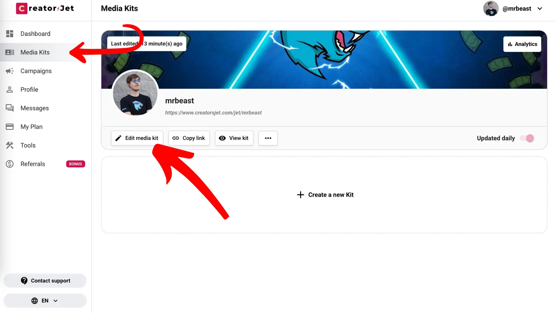 Now that you’ve linked your accounts, it’s time to edit your influencer media kit. Go to the "Media Kits" section in the sidebar to view and manage your kits.