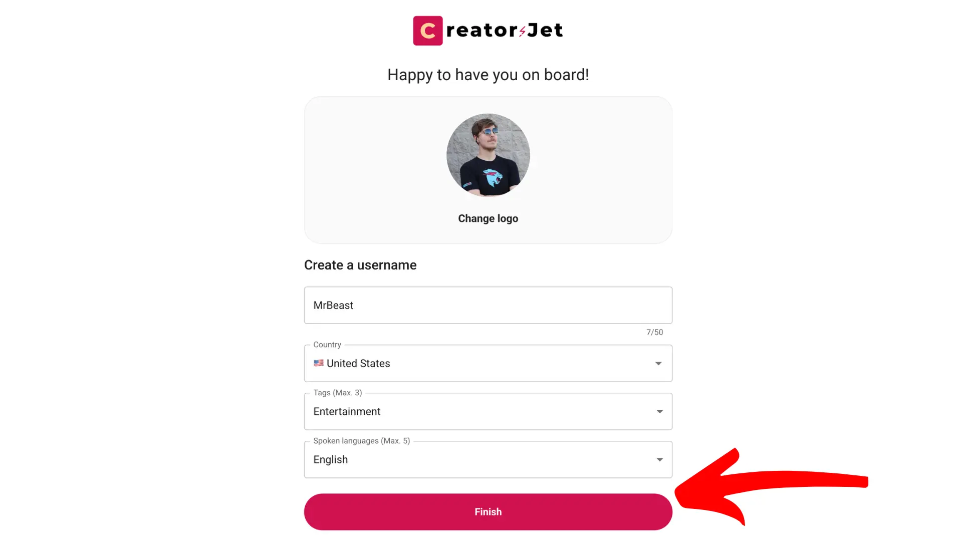 Welcome screen showing username, profile picture, country, and language selection