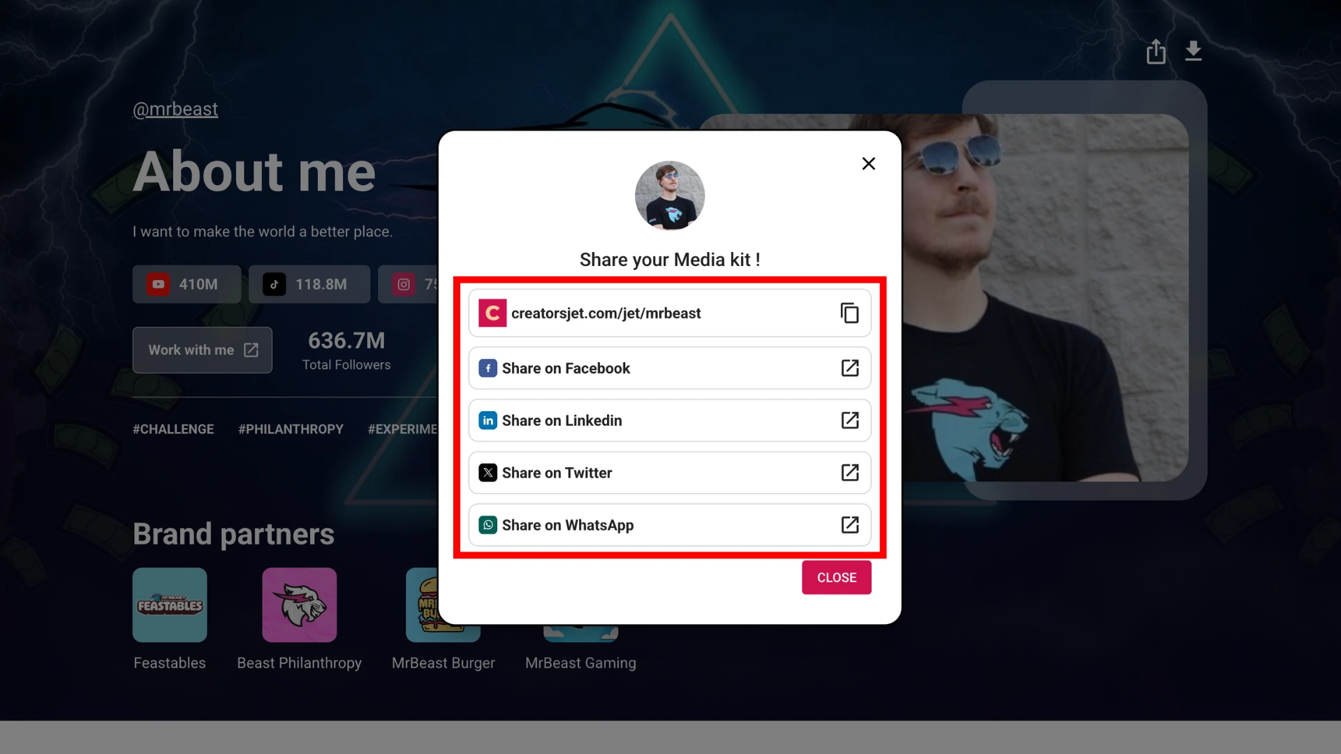 Share popup showing social sharing options and copy link button